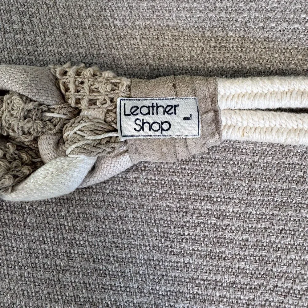 Vintage Leather Shop Cream Braided Fabric & Leather Belt Stretchy Boho S/M 544